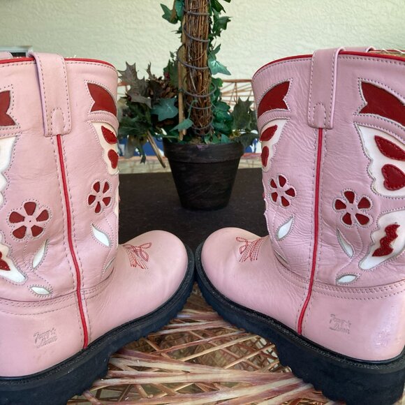 TONY LAMA COWBOY BOOTS COW GIRL PINK SZ 6D SHORT PULL ONS VINTAGE - Picture 7 of 9